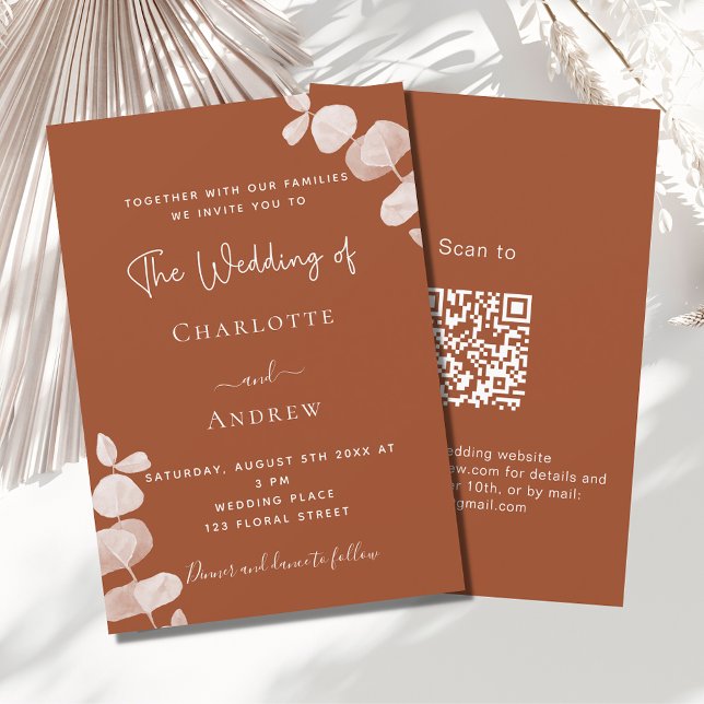 Burnt orange eucalyptus QR code luxury wedding Invitation (Creator Uploaded)