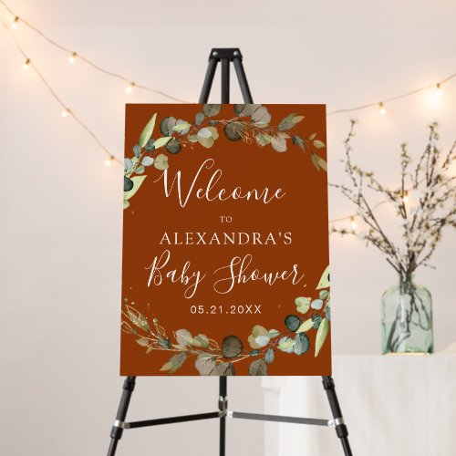 Burnt Orange Eucalyptus Sage Green Baby Shower Foam Board by Pretty Girly Designs