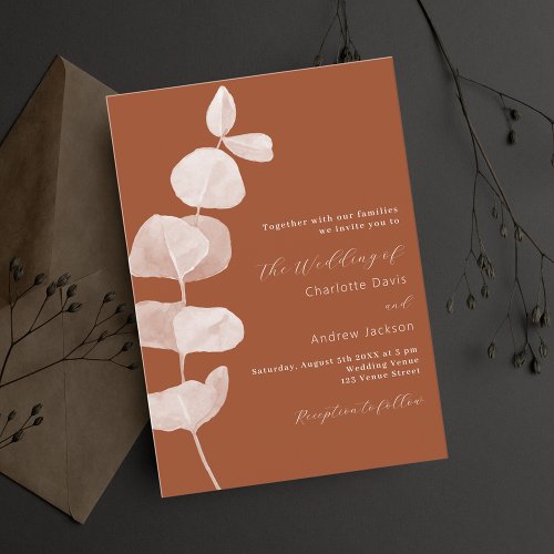 Burnt orange eucalyptus wedding invitation