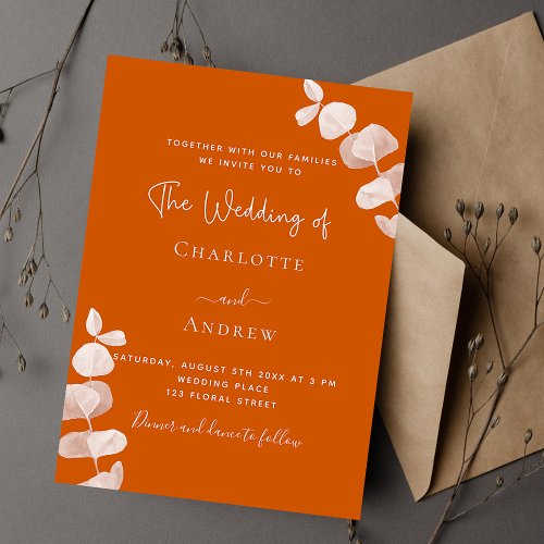 Burnt orange eucalyptus wedding invitation