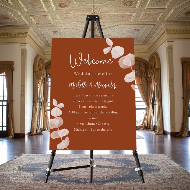 Burnt orange eucalyptus wedding program timeline foam board (Creator Uploaded)