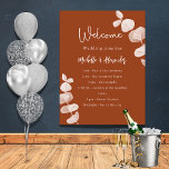 Burnt orange eucalyptus wedding program timeline poster<br><div class="desc">Dark burnt orange background,  decorated with eucalyptus stems,  sprigs.  Personalize and add your names and the details.</div>