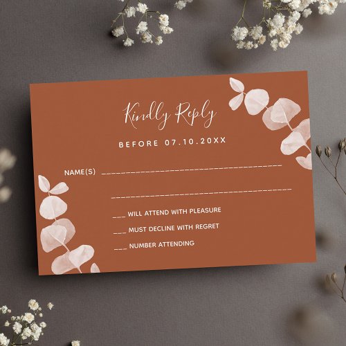 Burnt orange eucalyptus wedding response RSVP Note Card