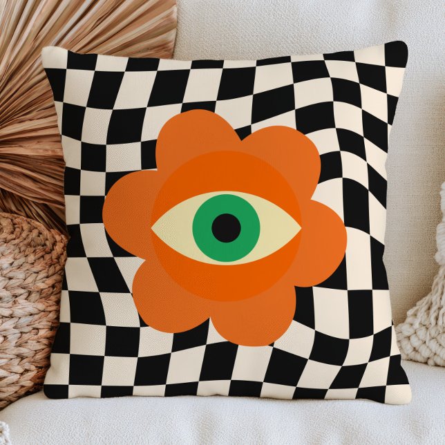 Burnt Orange Evil Eye Daisy on Checkered Pattern Throw Pillow (Creator Uploaded)
