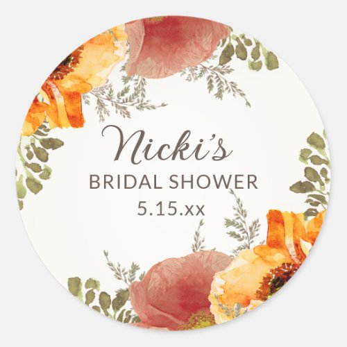 Burnt Orange Fall Autumn Floral Bridal Shower Name Classic Round Sticker