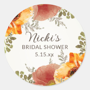 Burnt Orange Fall Autumn Floral Bridal Shower Name Classic Round Sticker