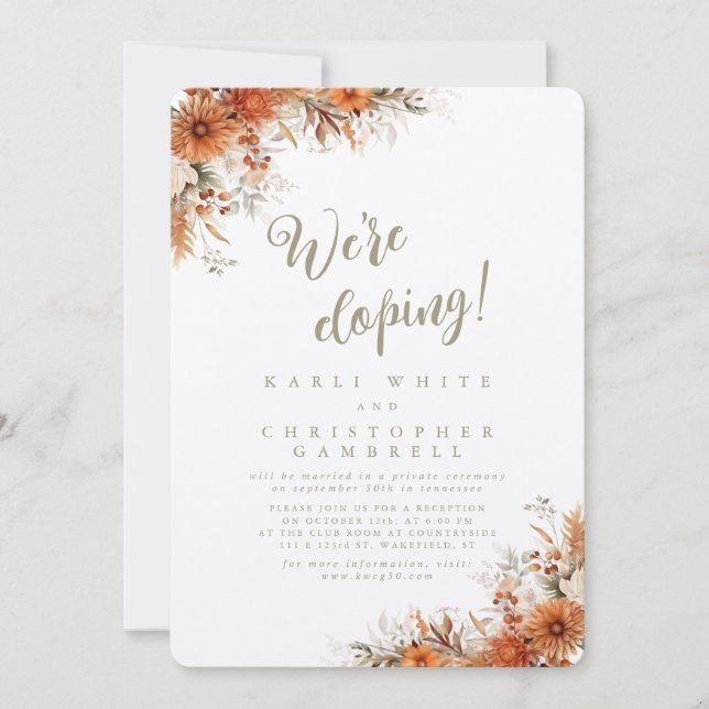 Burnt Orange Fall Bouquet Elopement Reception Invitation (Front)