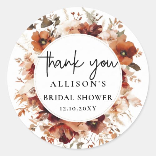 Burnt Orange Fall Bridal Shower Thank You Classic Round Sticker