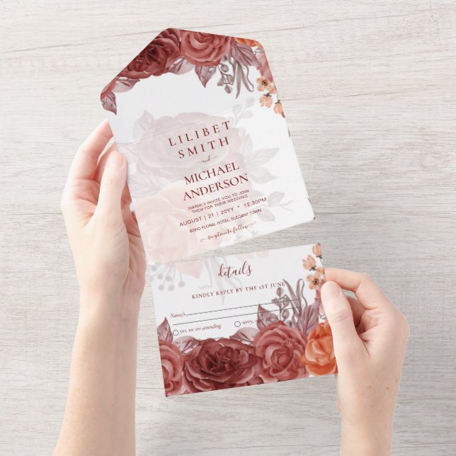 Burnt Orange FALL Floral Botanical WEDDING All In One Invitation (Tearaway)