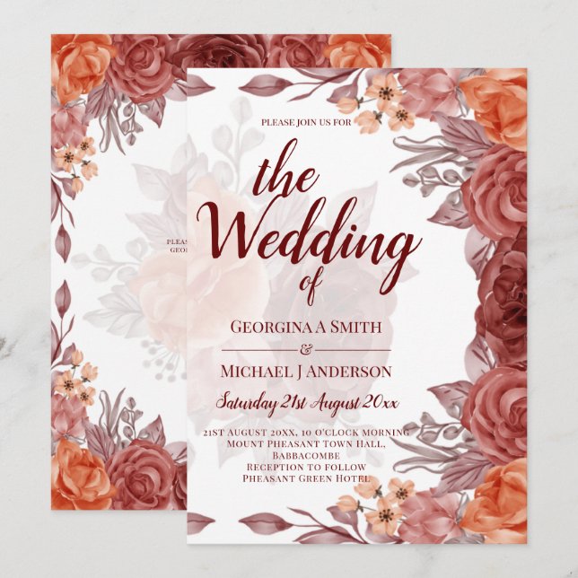 Burnt Orange FALL Floral Botanical WEDDING Invitation (Front/Back)