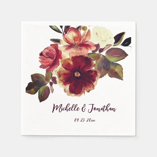 Burnt Orange Fall Floral Watercolor Wedding  Napkins (Front)