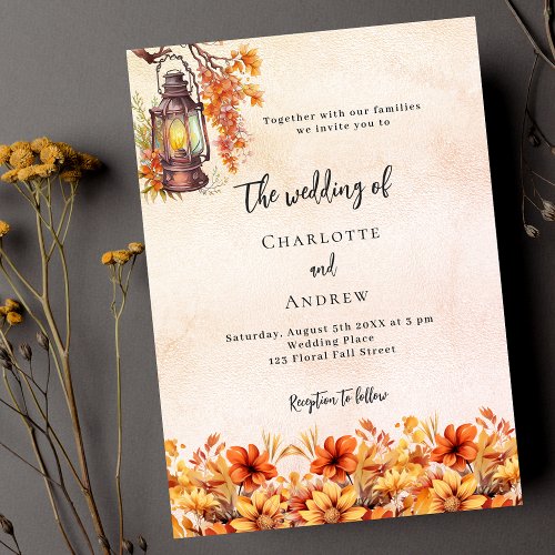 Burnt orange fall florals boho luxury wedding invitation