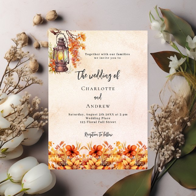 Burnt orange fall florals rustic boho wedding invitation (Creator Uploaded)