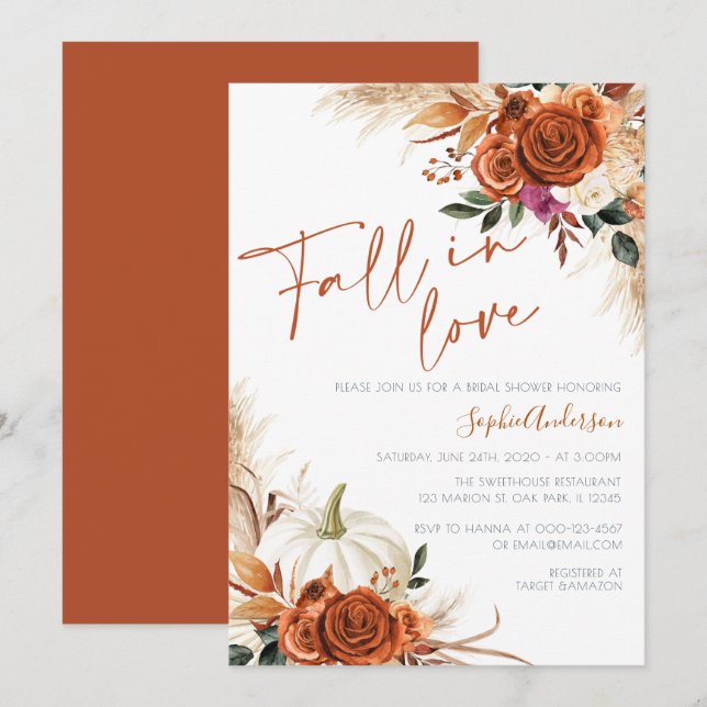 Burnt Orange Fall in Love Boho Bridal Shower Invitation (Front/Back)