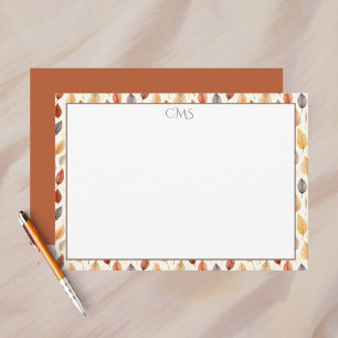 Burnt Orange Fall Leaves Watercolor Monogrammed Note Card