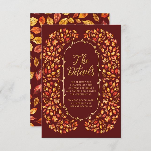 Burnt Orange Fall Rustic Leaves Wedding Details  Enclosure Card (Front/Back)