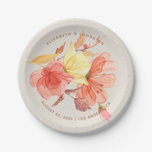 Burnt orange fall watercolor floral wedding party paper plates