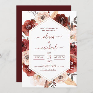 Burnt Orange Fall Wedding Floral Romantic Invitation