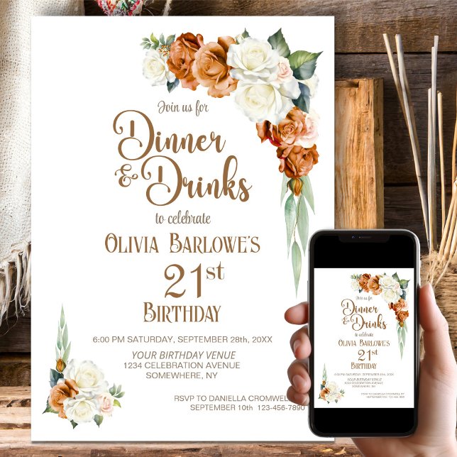 Burnt Orange Floral 21st Birthday Dinner Party Invitation (Creator Uploaded)