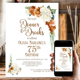 Burnt Orange Floral 75th Birthday Dinner Party Invitation