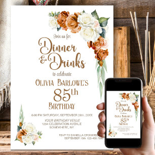 Burnt Orange Floral 85th Birthday Dinner Party Invitation