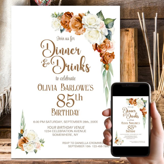 Burnt Orange Floral 85th Birthday Dinner Party Invitation (Creator Uploaded)