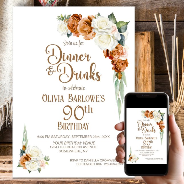 Burnt Orange Floral 90th Birthday Dinner Party Invitation (Creator Uploaded)