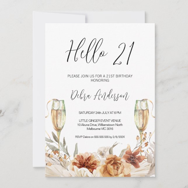 Burnt Orange Floral and Glasses 21st Birthday Invitation (Front)