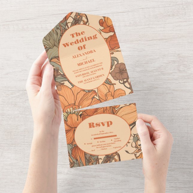 Burnt Orange Floral Art Nouveau Wedding All In One Invitation (Tearaway)