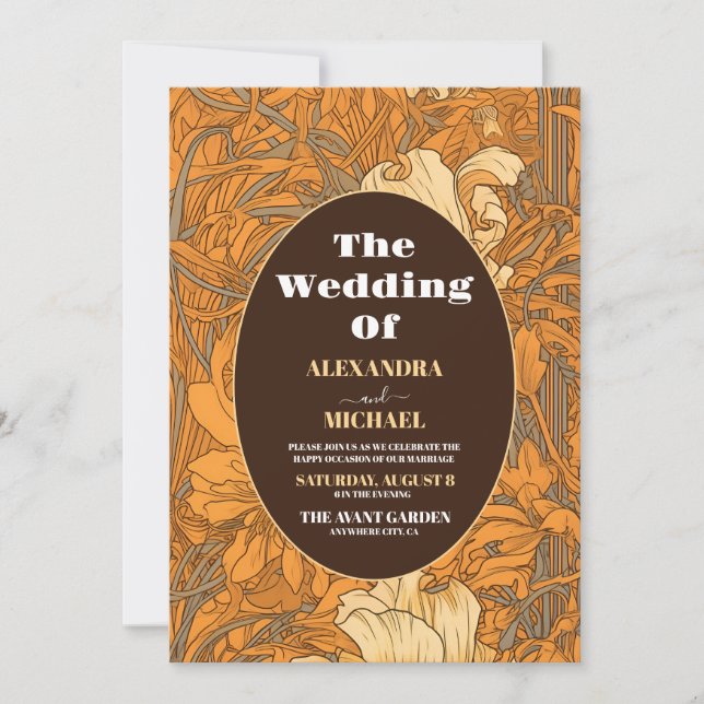 Burnt Orange Floral Art Nouveau Wedding Invitation (Front)
