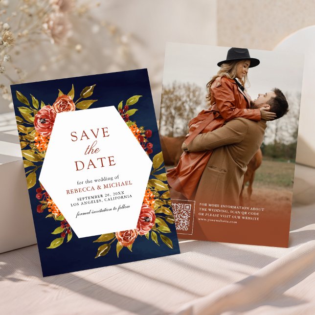 Burnt Orange Floral Autumn Fall Wedding Navy Blue Save The Date (Creator Uploaded)
