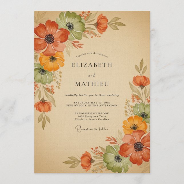 Burnt Orange Floral Autumn Wedding Invitation (Front)