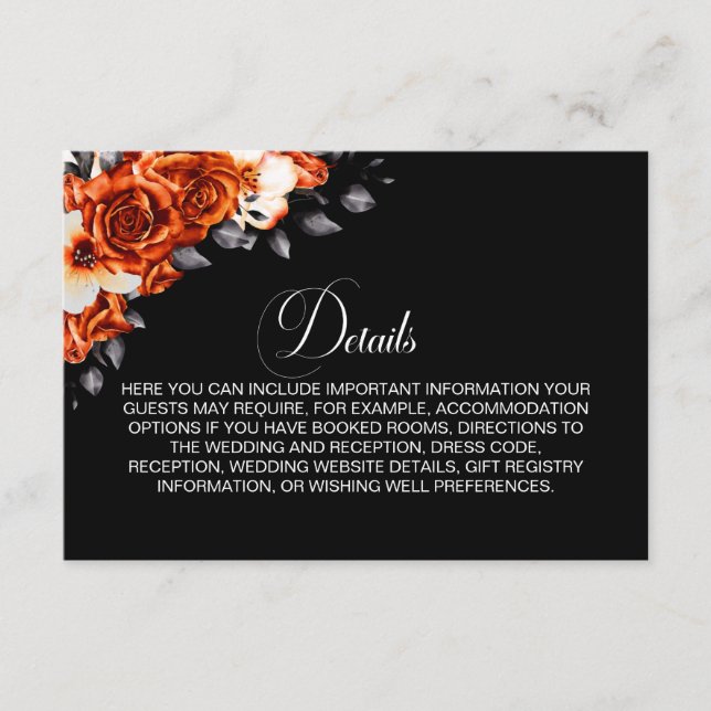 Burnt Orange Floral Black Wedding Details Enclosure Card (Front)