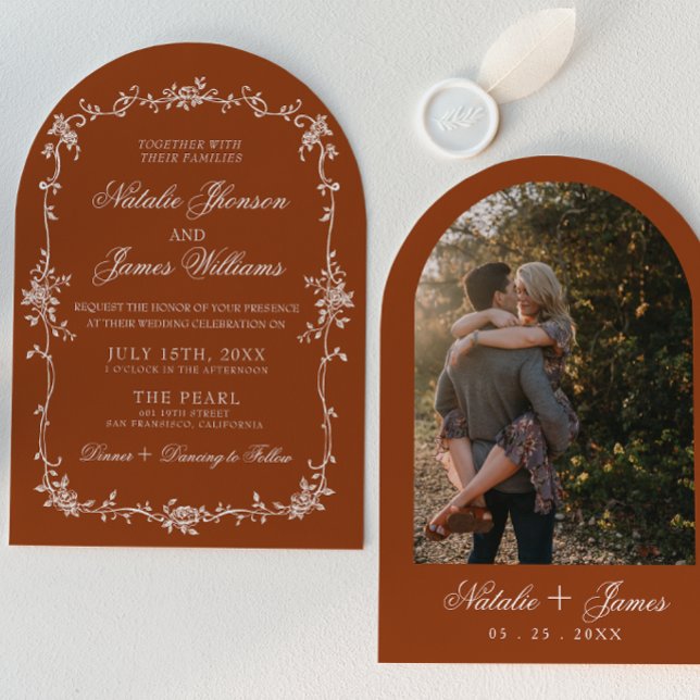Burnt Orange Floral Boho Terracotta Arched Wedding Invitation (Creator Uploaded)