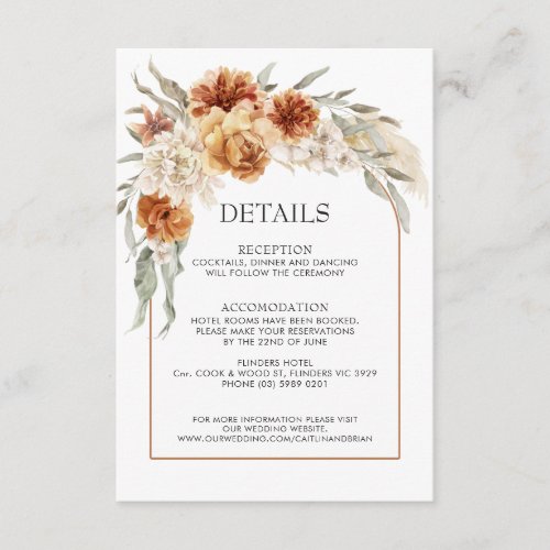 Burnt Orange Floral Boho Wedding Details Card