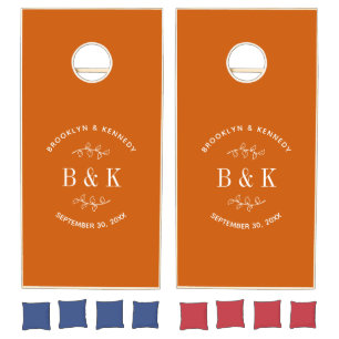 Burnt Orange Floral Botanical Wedding Couple Name Cornhole Set