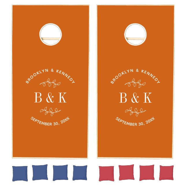 Burnt Orange Floral Botanical Wedding Couple Name Cornhole Set (Set)