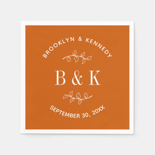 Burnt Orange Floral Botanical Wedding Couple Name Napkins (Front)
