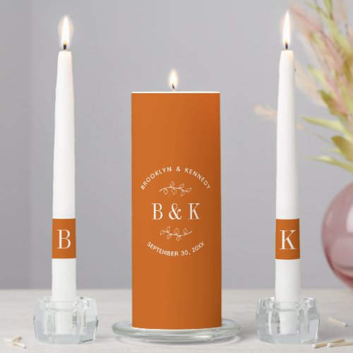 Burnt Orange Floral Botanical Wedding Couple Name Unity Candle Set