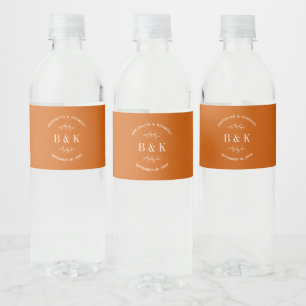 Burnt Orange Floral Botanical Wedding Couple Name Water Bottle Label