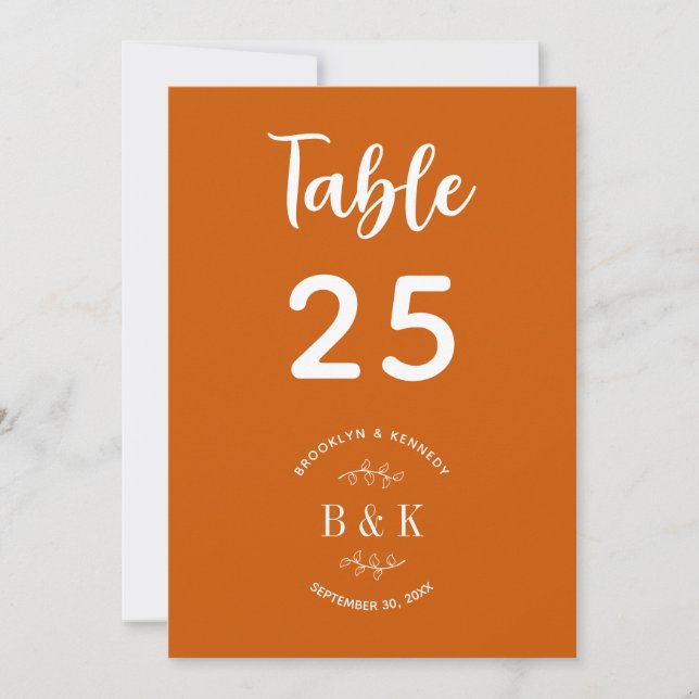 Burnt Orange Floral Botanical Wedding Table Number (Front)