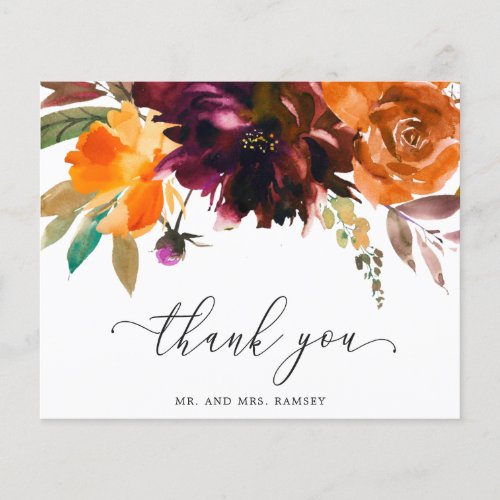 Burnt Orange Floral Budget Wedding Thank You Card