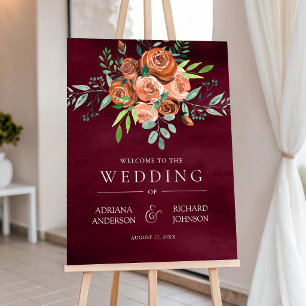 Burnt Orange Floral Burgundy Wedding Welcome Sign