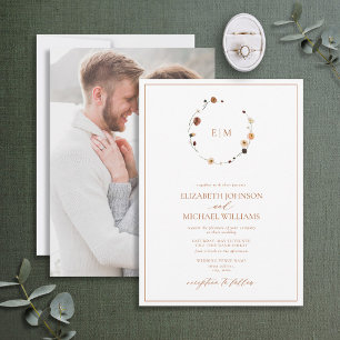 Burnt Orange Floral Crest Monogram Photo Wedding Invitation