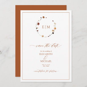 Burnt Orange Floral Crest Monogram Save the Date Invitation