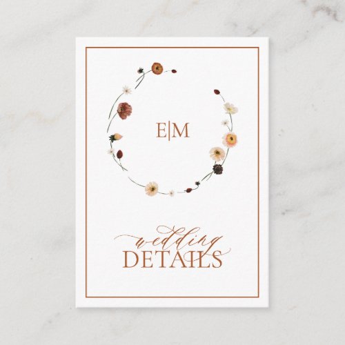 Burnt Orange Floral Crest Monogram Wedding Details Enclosure Card