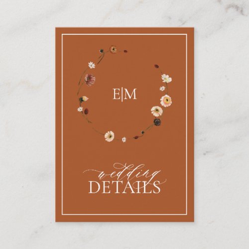 Burnt Orange Floral Crest Monogram Wedding Details Enclosure Card