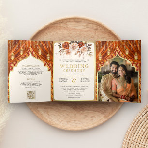 Burnt Orange Floral Curtain Indian Hindu Wedding Tri-Fold Invitation