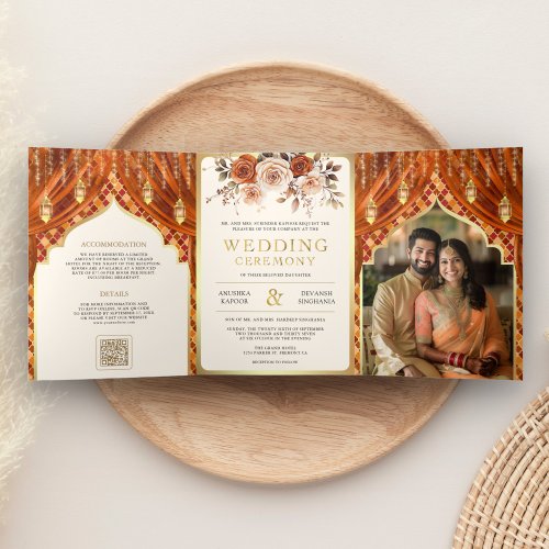 Burnt Orange Floral Curtain Indian Hindu Wedding Tri_Fold Invitation