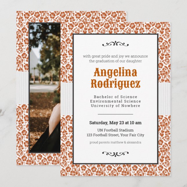 Burnt Orange Floral Damask Photo Graduation Invitation (Front/Back)